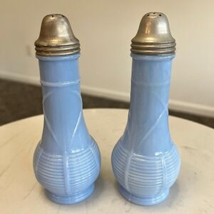 Vtg Jeannette Glass Delphite Blue Milk Glass Salt & Pepper Shakers  Basket Weave